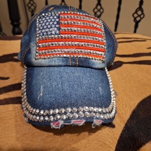 🇺🇸 American Flag Embellished Denim Baseball Cap USA 🇺🇸